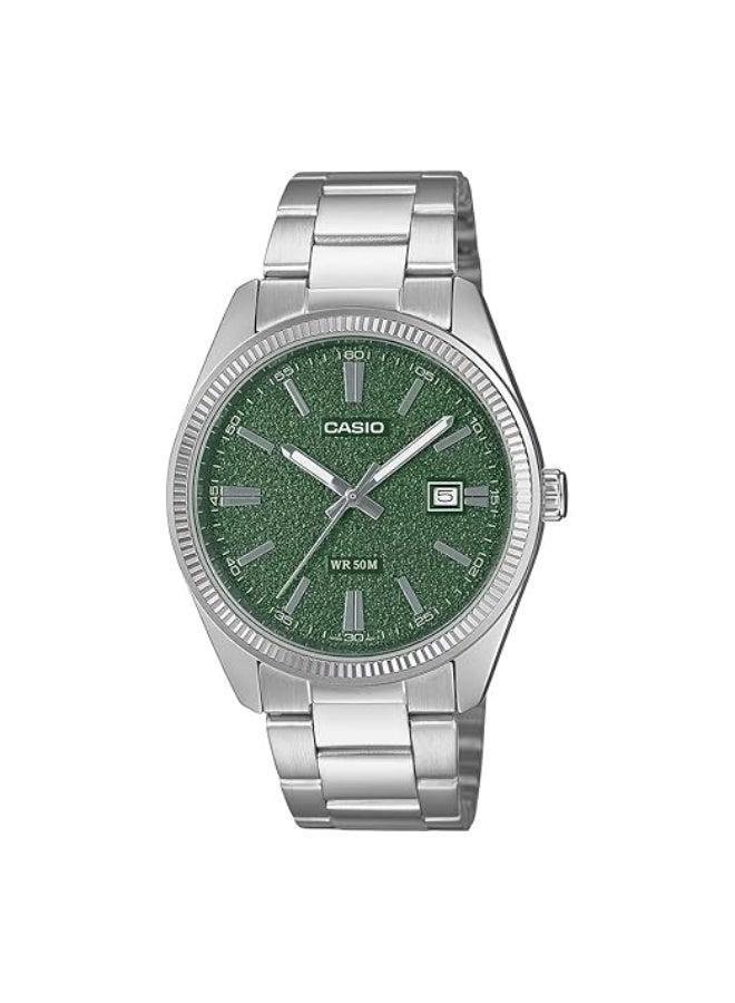 MTP-1302DA-3AVDF Analog Matte Green Dial, Stainless Steel Band, 50M Water Resistance Men's Watch